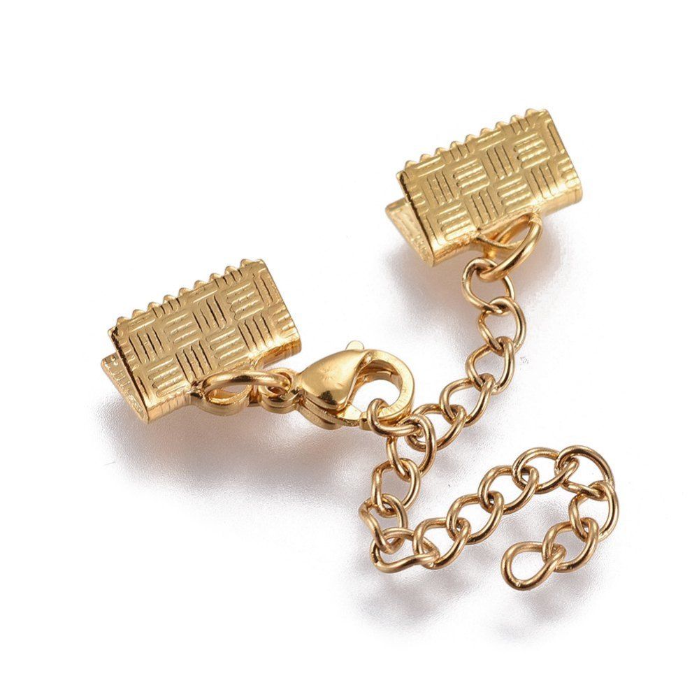 304 Stainless Steel Chain Extender, with Lobster Claw Clasps and Ribbon Ends, Golden, 10mm, Clasps: 8.9x6.2x3mm, Cord End: 7.2x10mm, Chain Extenders: 50mm