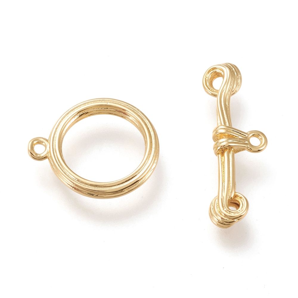 Brass Toggle Clasps, Long-Lasting Plated, Ring & Bar, Real 18K Gold Plated/17mm