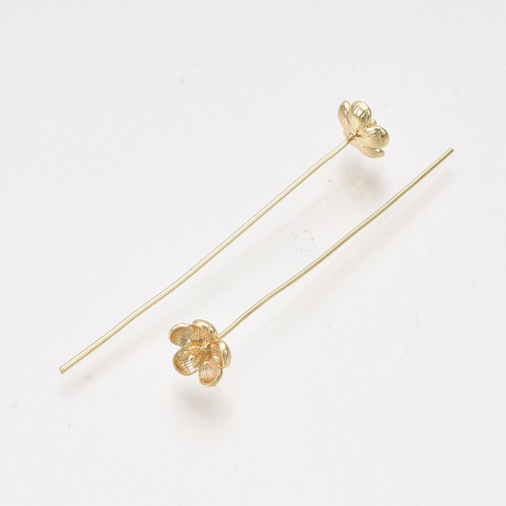 2pcsBrass Pins, Real 18K Gold Plated, Nickel Free, Flower, 48~51mm, Pin: 0.7mm