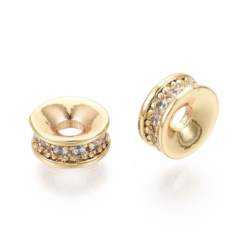 2pcs/Brass Micro Pave Clear Cubic Zirconia Spacer Beads, Nickel Free, Disc, Real 18K Gold Plated/6x2.5mm
