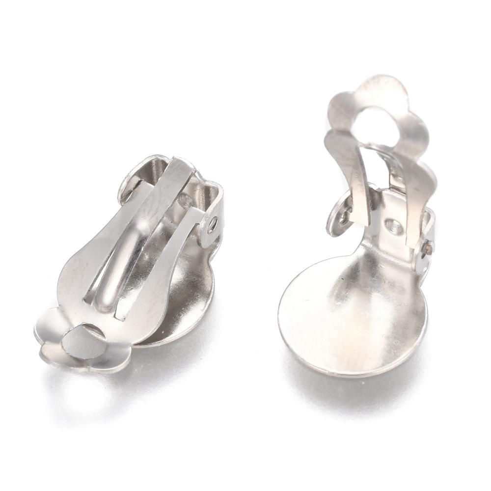 2pcs/ 304 Stainless Steel Clip-on Earring Findings, with Round Flat Pad/ Size: 16x10x7mm