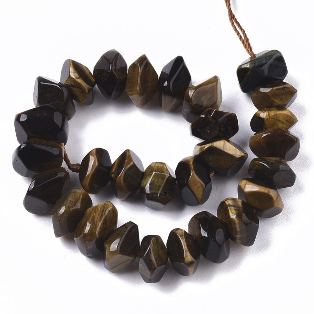 Natural Tiger Eye Beads Strands, Nuggets, Faceted, 9.5~11x6~7mm, Hole: 1.2mm, about 30~32pcs/strand, 7.48 inch(19cm)