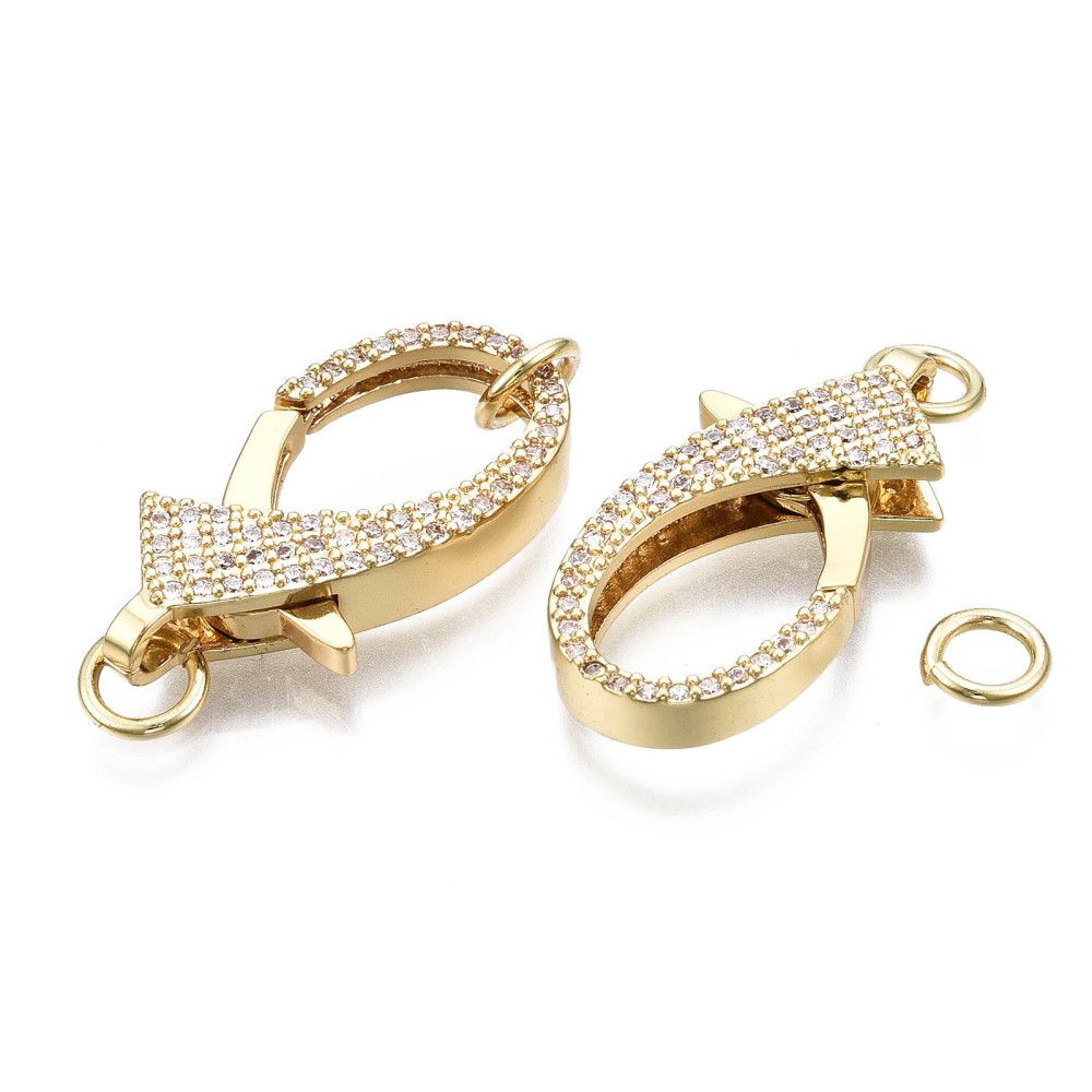 1pcs/Brass Micro Pave Clear Cubic Zirconia Lobster Claw Clasps, with Jump Ring, Nickel Free, Real 14K Gold Plated/26x13x5mm