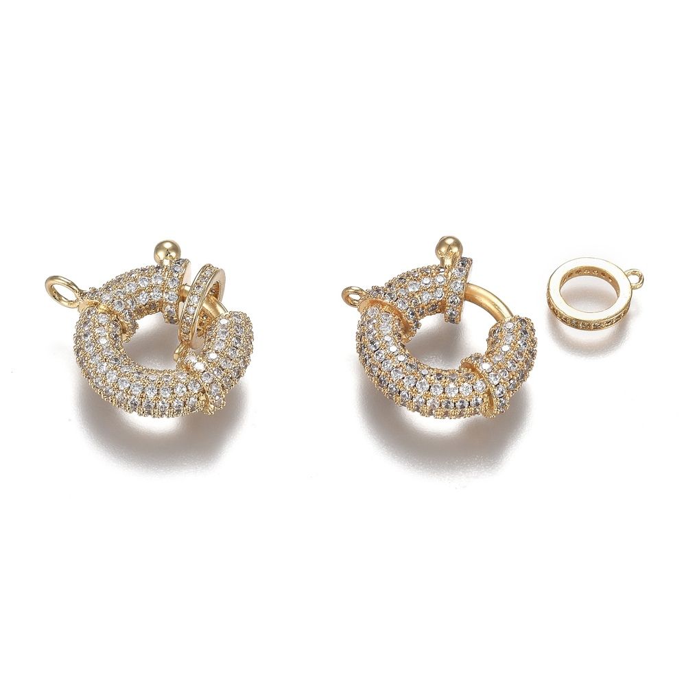 1pcs/Brass Micro Pave Clear Cubic Zirconia Spring Ring Clasps, with Bail Beads/Hanger Links, Long-Lasting Plated, Real 18K Gold Plated/25x20x7mm