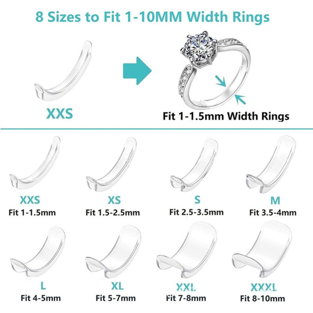 8Pcs 8 Sizes Plastic Invisible Ring Size Adjuster, Fit 1~10mm Width Rings, Clear, 18~20x4~11.5x3mm, 8pcs/set