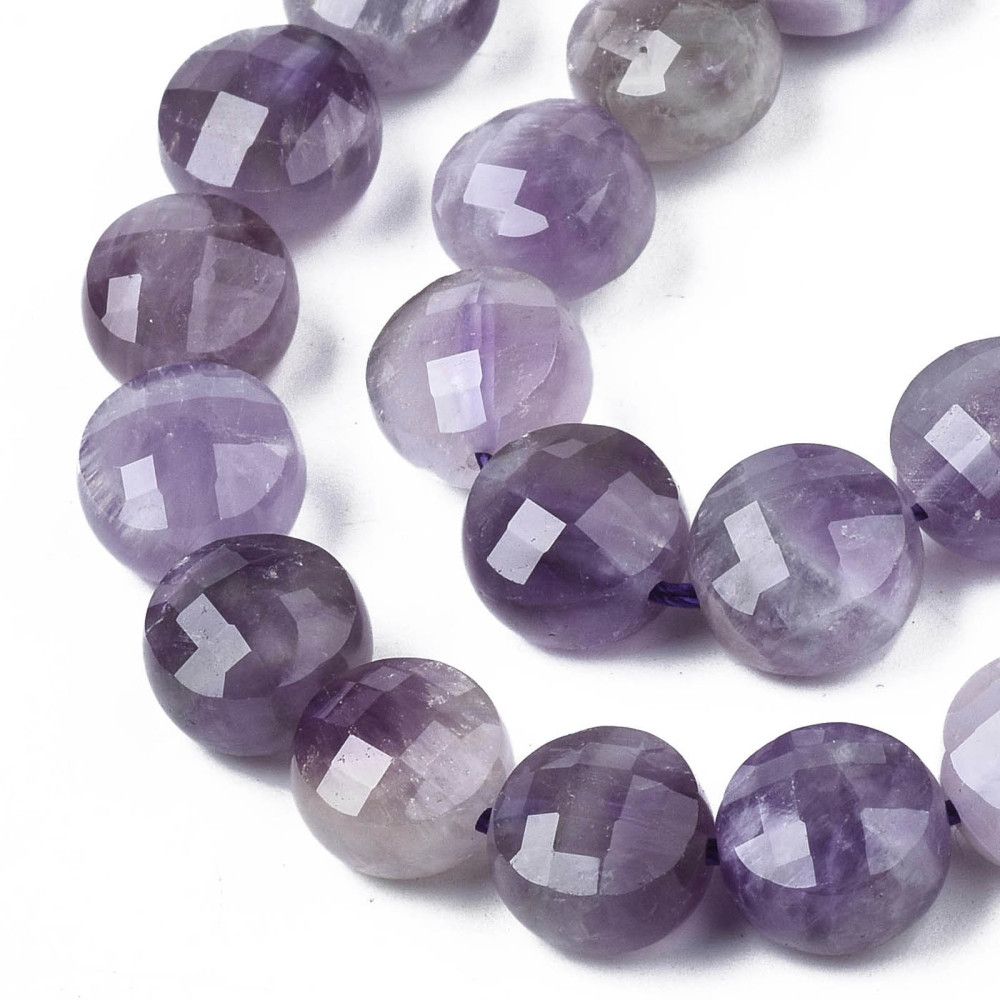 Natural Amethyst Beads Strands, Faceted Coin Beads, Flat Round, 9.5~10.5x10x7mm, Hole: 0.7~0.8mm, about 38pcs/strand, 14.88 inch(37.8cm)