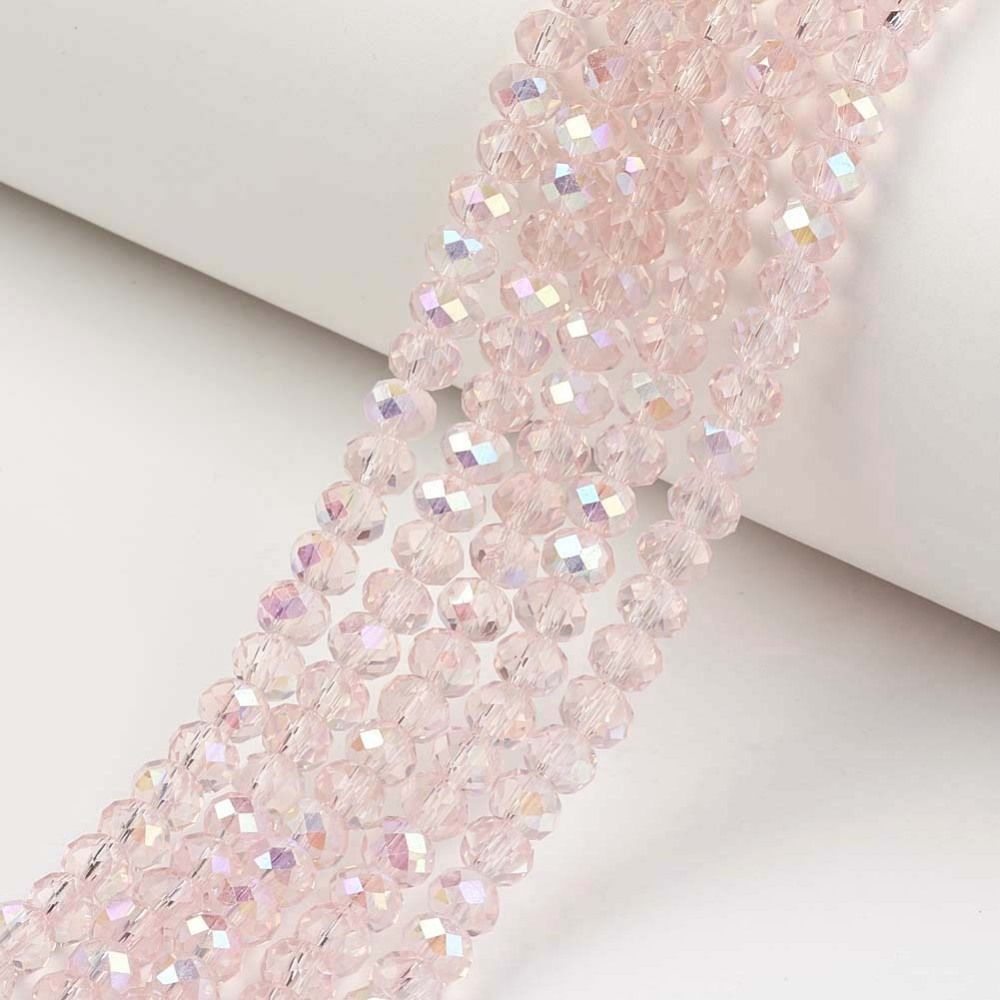 Electroplate Glass Beads Strands, Half Rainbow Plated, Faceted, Rondelle, Pink, 10x8mm, Hole: 1mm, about 60~61pcs/strand, 46~48cm
