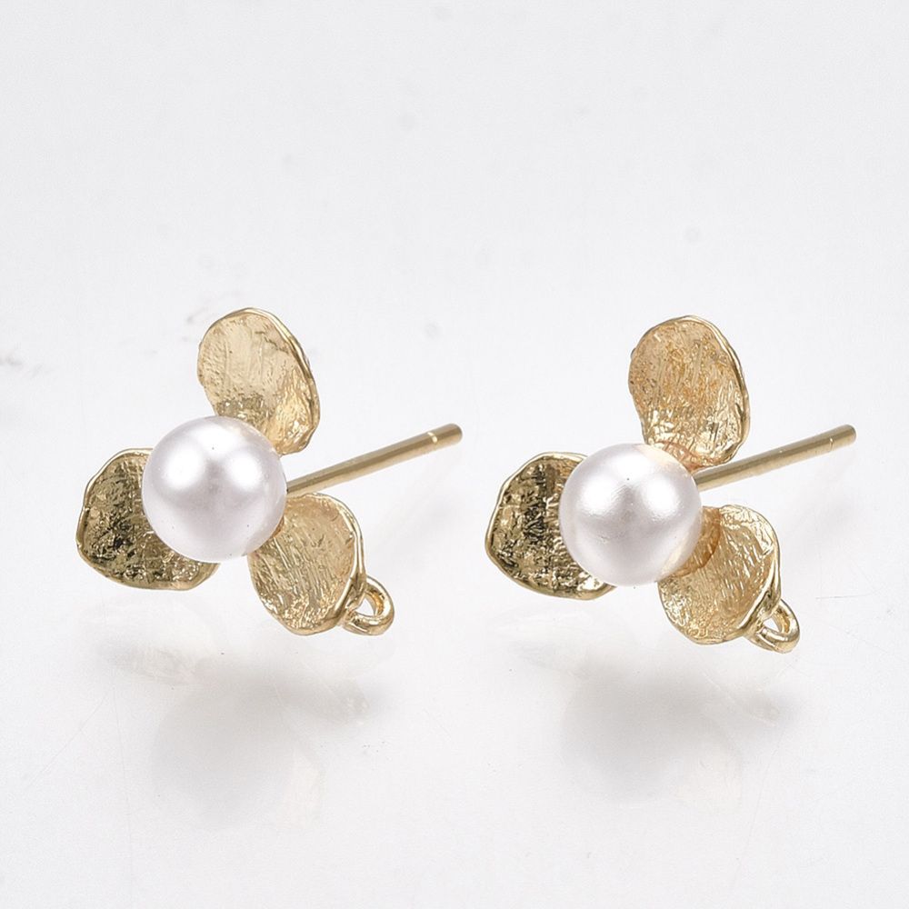2pcs/ Brass Stud Earring Findings, with Loop, ABS Plastic Imitation Pearl, Flower, Real 18K Gold Plated /11x11.5mm