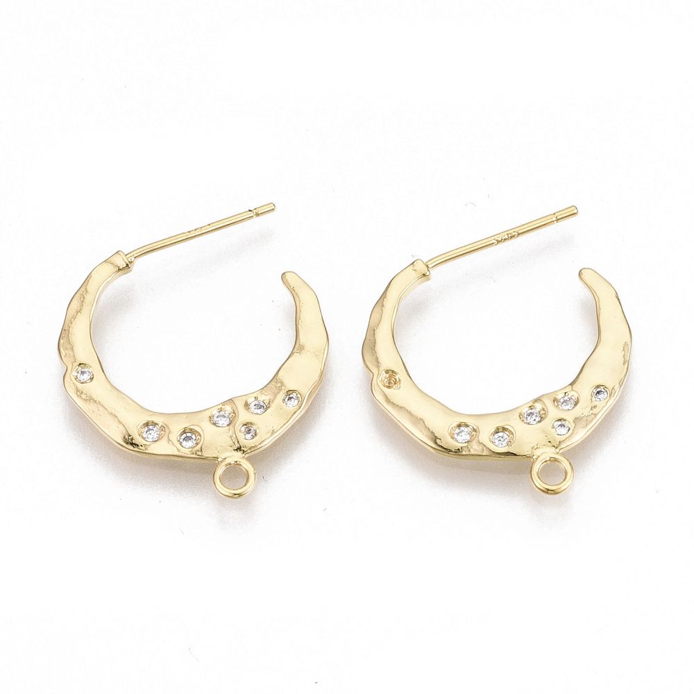 2pcs/Brass Stud Earring Findings, Half Hoop Earrings, with Loop & Cubic Zirconia, Clear,/21x20x1.5mm