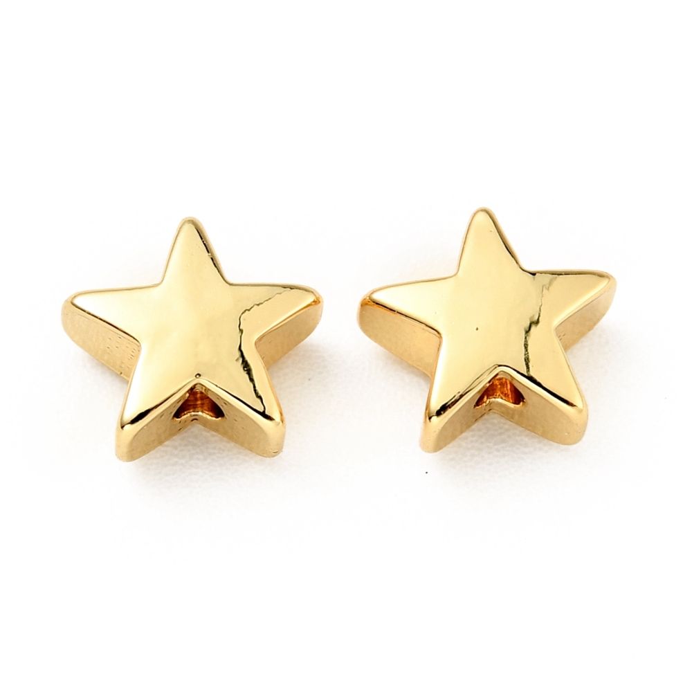 2pcs/Brass Beads, Cadmium Free & Lead Free, Star, Real 18K Gold Plated/7x7.5x3.5mm