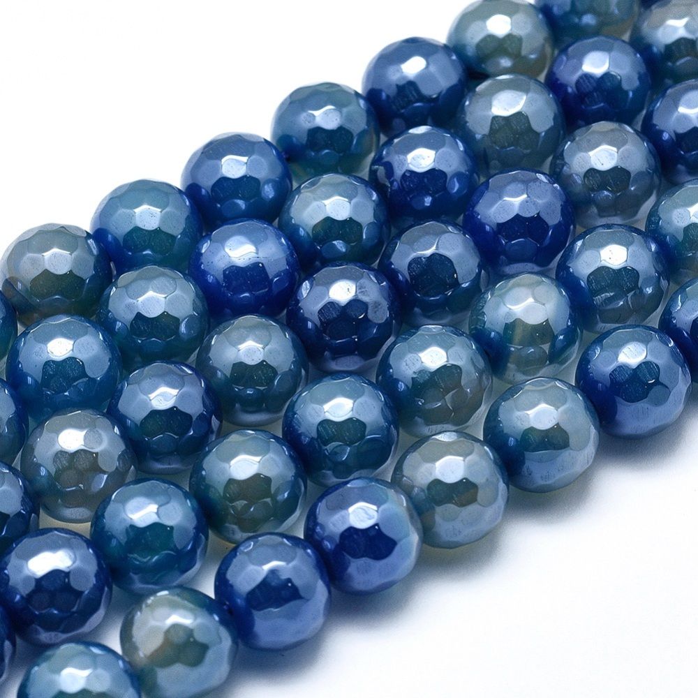 Electroplated Natural Agate Beads Strands, Round, Faceted, 8mm, Hole: 1mm, about 45~47pcs/strand, 37~38cm