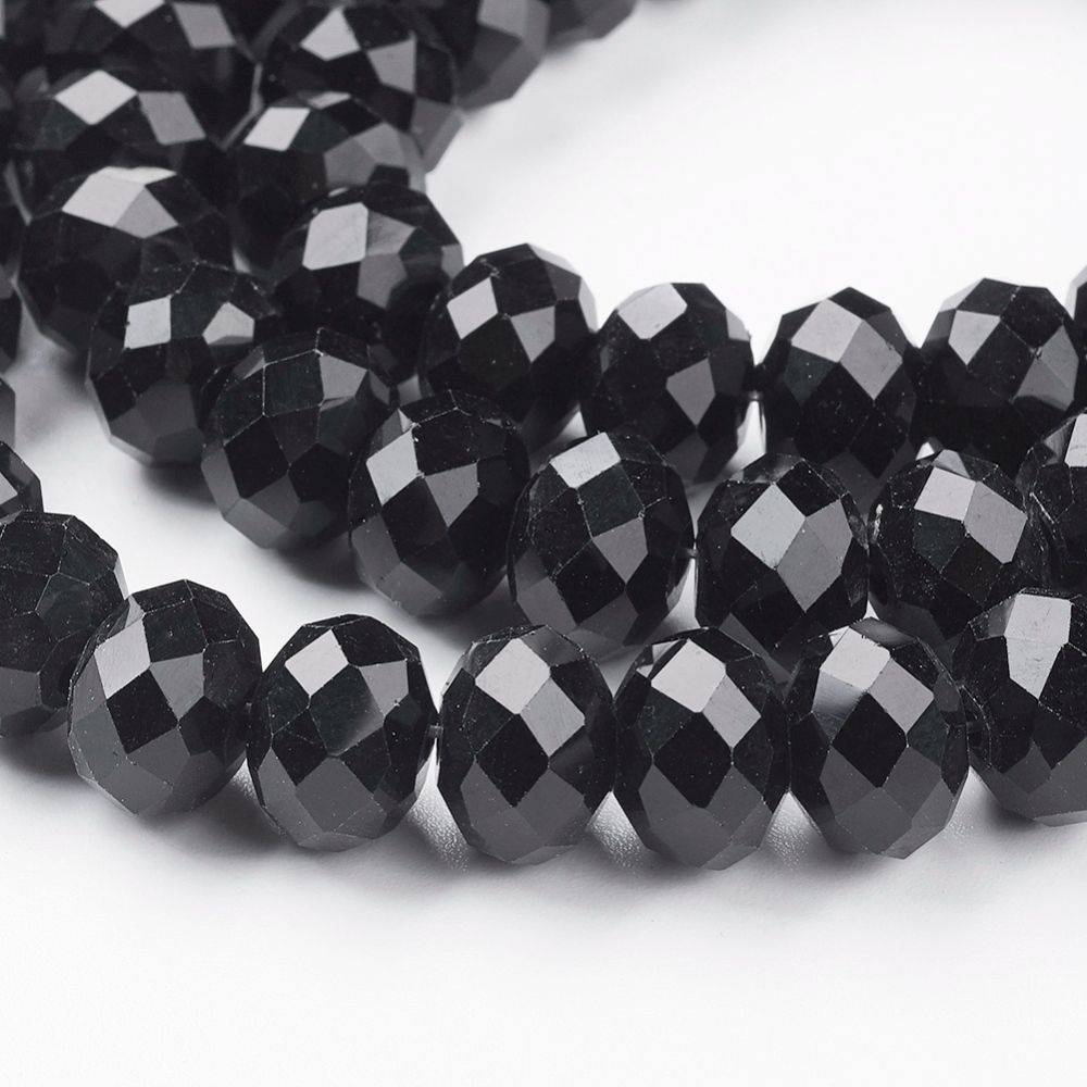 Anti-Tarnish Handmade Glass Beads, Faceted Rondelle, Black, 12x8mm, Hole: 1mm, about 68~70pcs/strand, 58~59cm