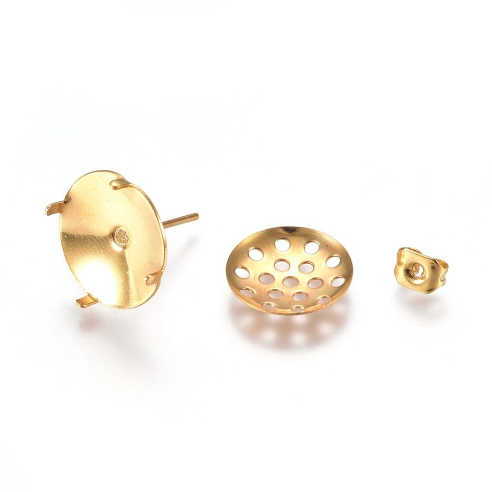 4pcs/Brass Stud Earring Findings, with Perforated Disc Settings and Earring Backs/Ear Nuts/ 13mm