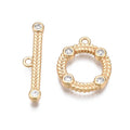 Brass Micro Pave Clear Cubic Zirconia Toggle Clasps, Nickel Free, Ring, Real 18K Gold Plated/15mm