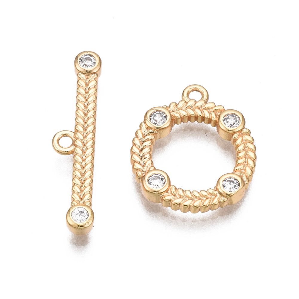 Brass Micro Pave Clear Cubic Zirconia Toggle Clasps, Nickel Free, Ring, Real 18K Gold Plated/15mm