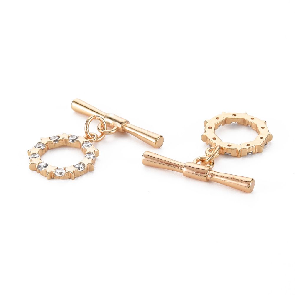 Brass Micro Pave Clear Cubic Zirconia Toggle Clasps, Nickel Free, Ring, Real 18K Gold Plated/1pcs