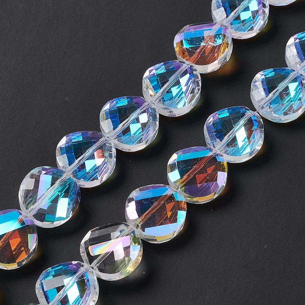 Faceted Glass Beads Strands, Clear, Flat Round, 14x6.5mm, Hole: 1.2mm, about 48~50pcs/strand, 19.29~19.68 inch(49~50cm)