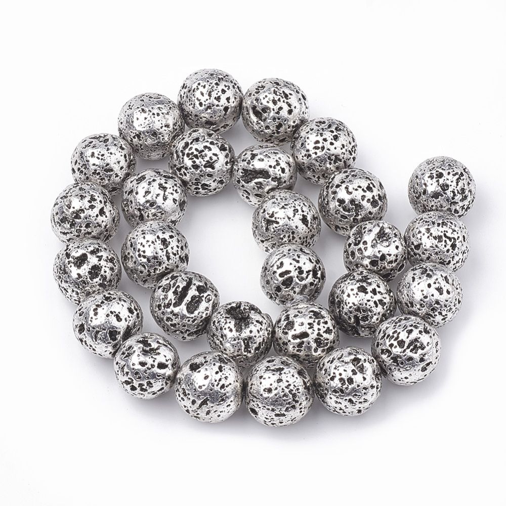 Electroplated Natural Lava Rock Beads Strands, Round, 8~9mm, Hole: 1mm, about 46pcs/strand, 14.76 inch