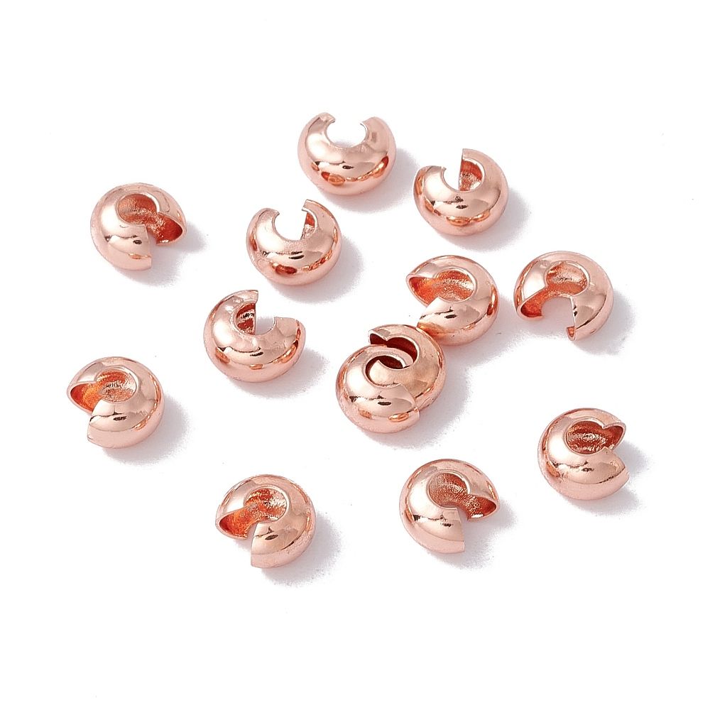 4pcs/ Brass Crimp Beads Covers, Cadmium Free & Lead Free, Rose Gold, 6x6x4mm, Hole: 3mm