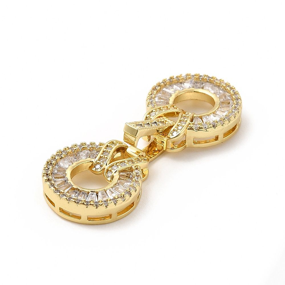 Rack Plating Brass Pave Clear Cubic Zirconia Fold Over Clasps, Cadmium Free & Lead Free, Flat Round, Real 18K Gold Plated/38mm