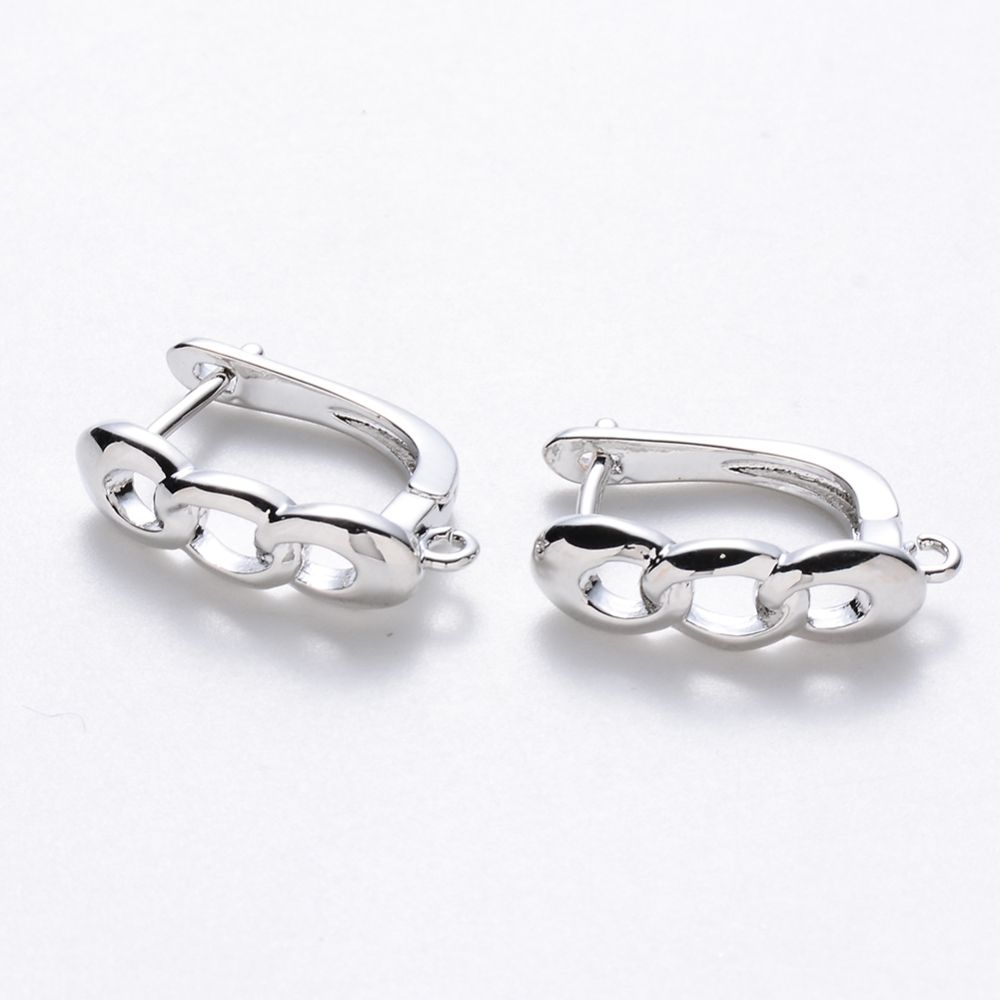 2pcs/Brass Hoop Earring Findings with Latch Back Closure, Nickel Free, with Horizontal Loop, Curb Chain Shaped, Real Platinum Plated