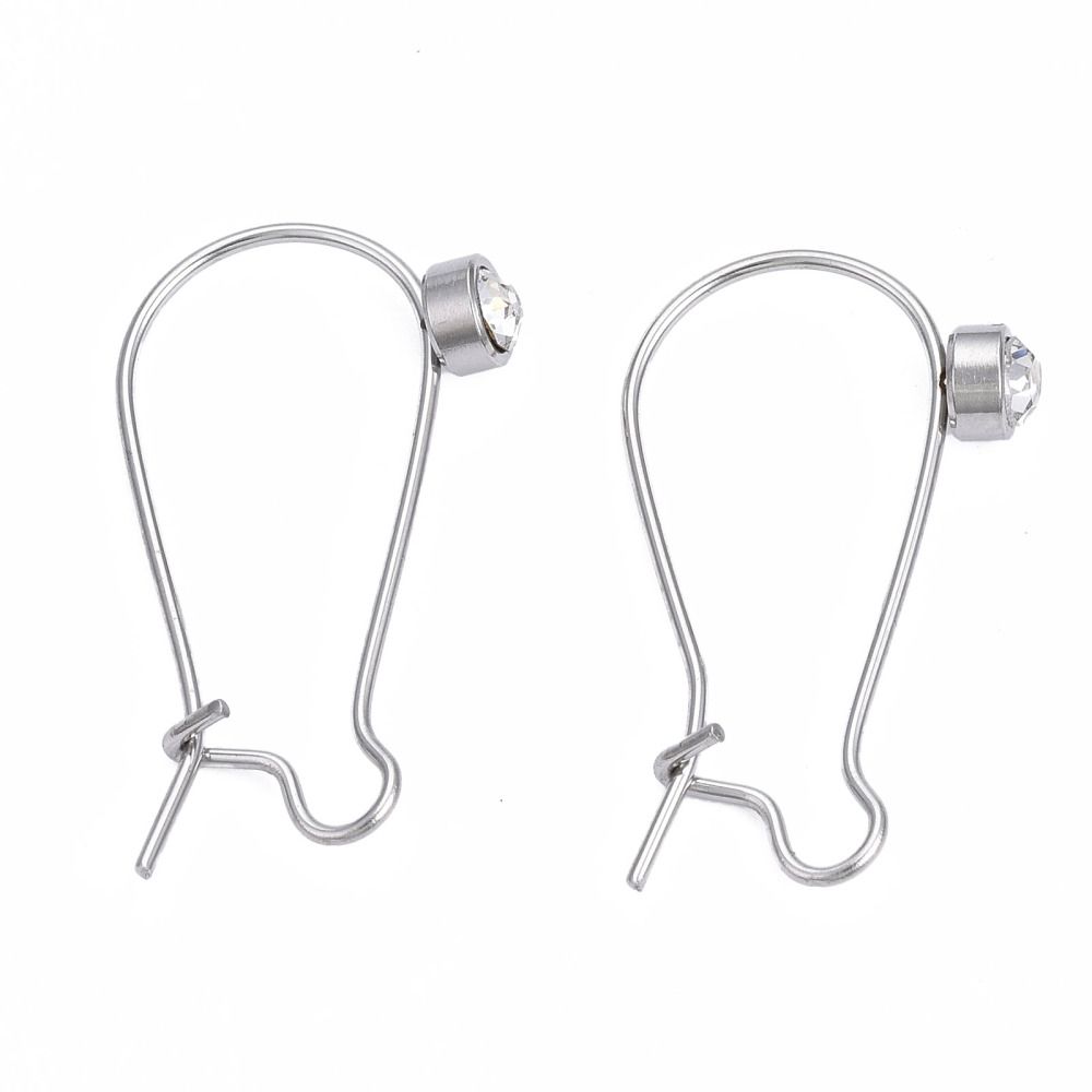 2pcs/304 Stainless Steel Hoop Earrings Findings Kidney Ear Wires, with Clear Cubic Zirconia