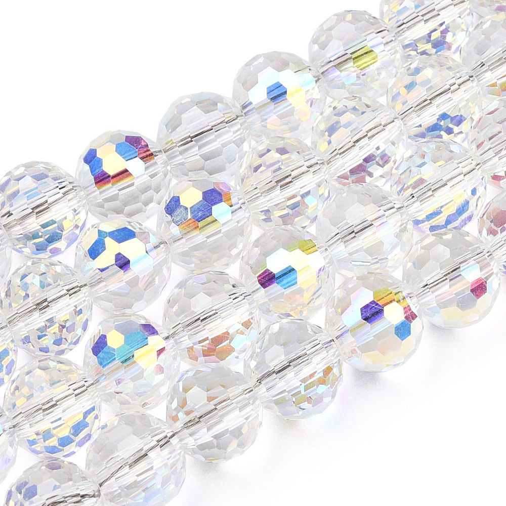 Transparent Electroplate Glass Bead Strands, AB Color Plated, Faceted(96 Facets), Round, Clear AB, 8mm, Hole: 1.4mm, about 68~70pcs/strand, 20.47~21.65 inch(52~55cm)