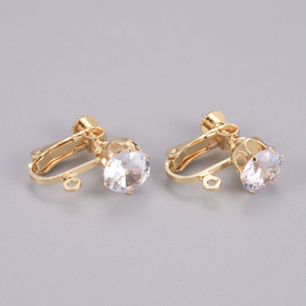2pcs/Brass Screw On Clip-on Earring Findings, Spiral Ear Clip, For Non-Pierced Ears, with Cubic Zirconia and Loop, Long-Lasting Plated, Real 14K Gold Plated