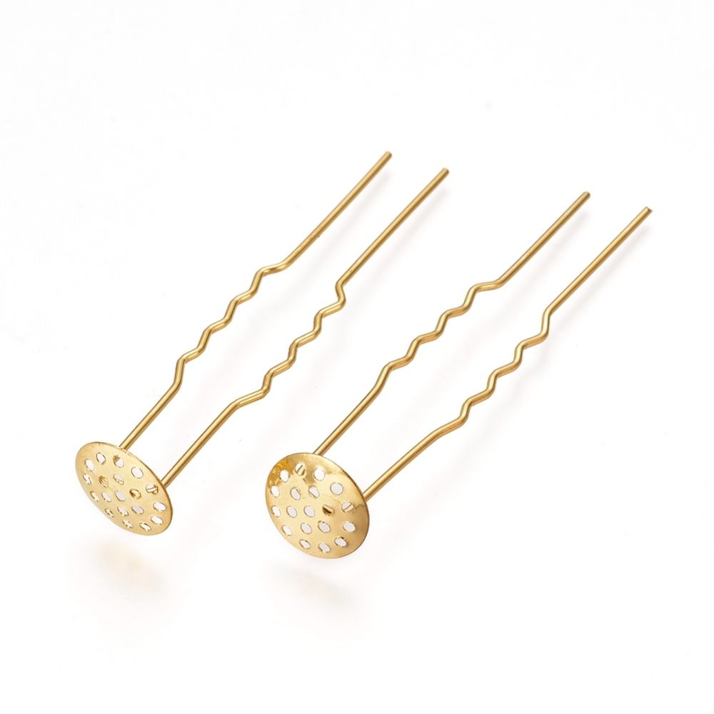 10pcs/Electroplated Iron Hair Fork Findings, Real 18K Gold Plated/62x12mm