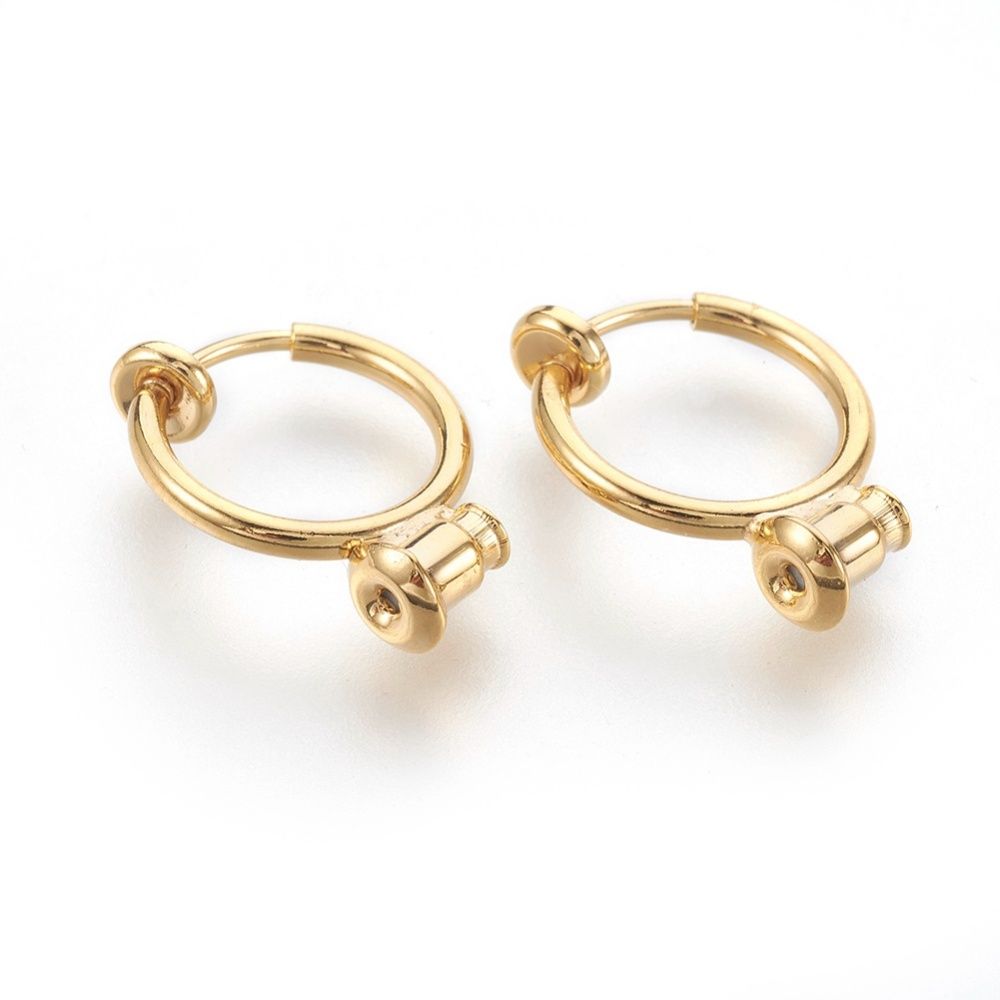 2pcs/Brass Clip-on Hoop Earrings, For Non-pierced Ears, with Brass Spring Findings & Ear Nut, Cadmium Free & Lead Free