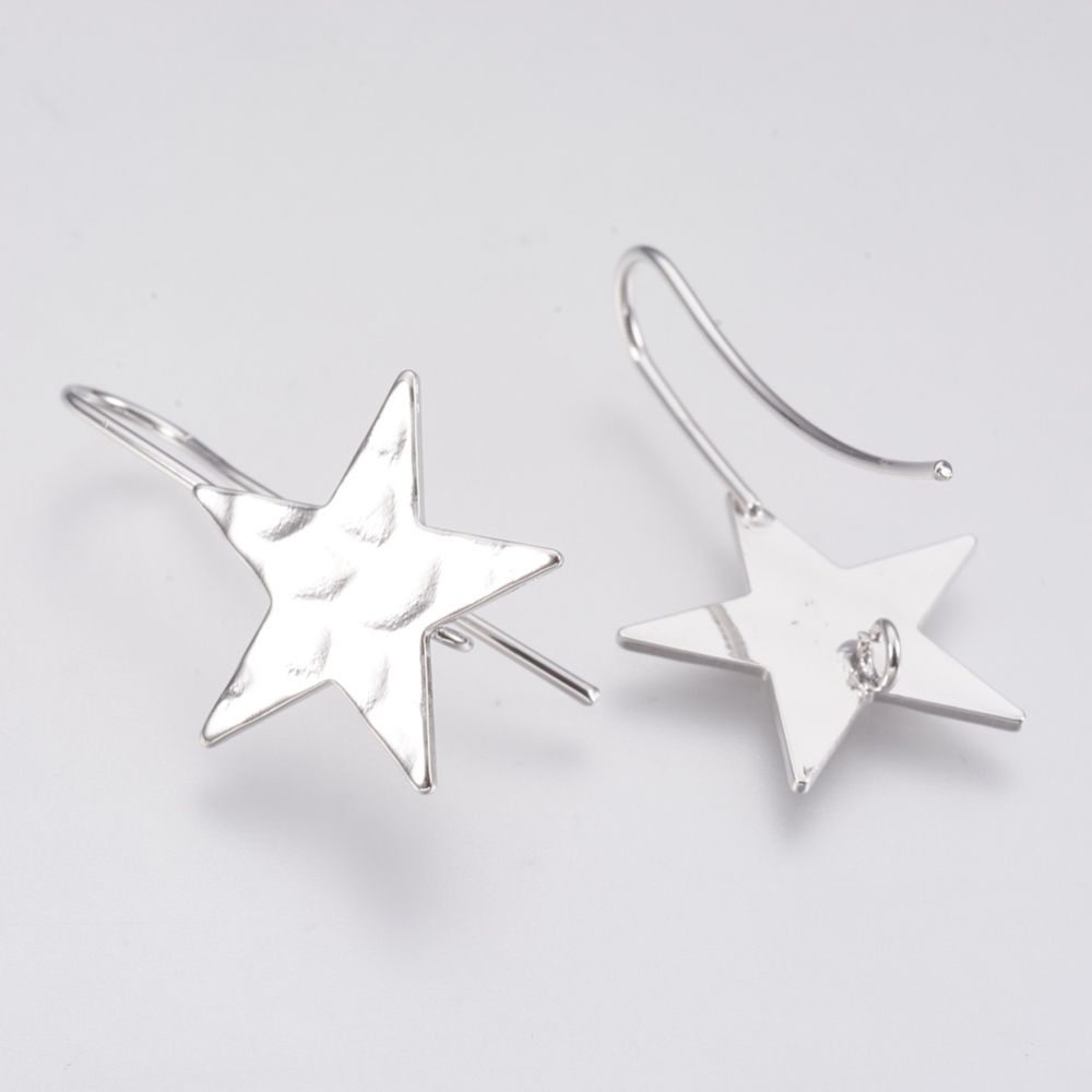 2pcs/Brass Stud Earring Findings, with Loop, Star, Nickel Free, Real Platinum Plated/ 31.5x20mm