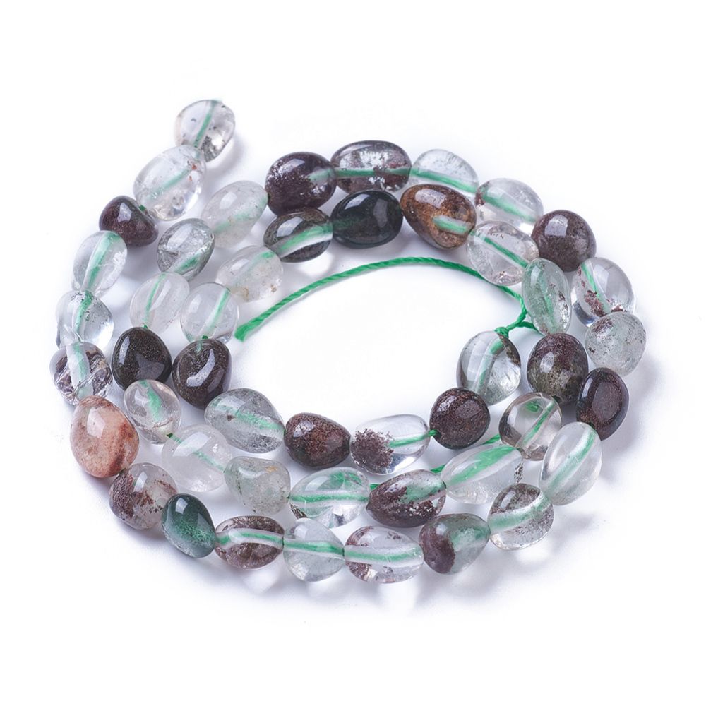 Natural Green Lodolite Quartz/Garden Quartz Beads Strands, Tumbled Stone, Nuggets, 7~11x7~8mm, Hole: 1mm, about 47~48pcs/strand, 15.94 inch(40.5cm)
