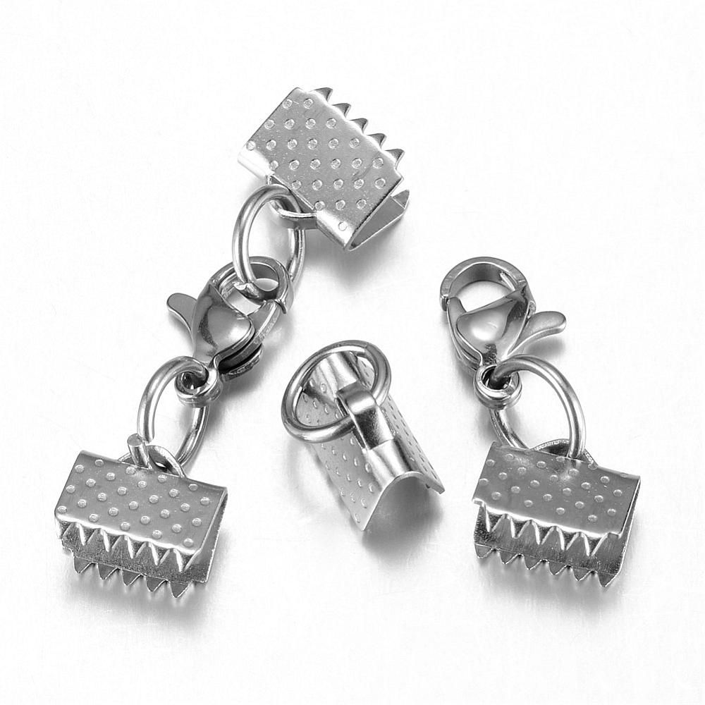 2pcs/304 Stainless Steel Lobster Claw Clasps, with Ribbon Ends