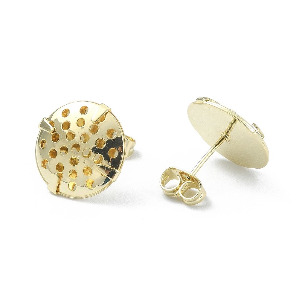2pcs/Brass Stud Earring Findings, Sieve Flat Round Filigree Earring Settings, Real 14K Gold Plated/14mm