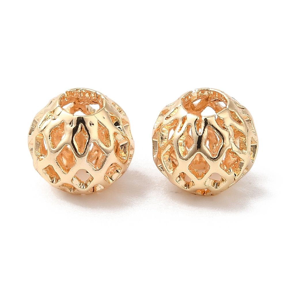 2pcs/Hollow Brass Beads, Cadmium Free & Nickel Free & Lead Free, Round, Real 18K Gold Plated/7mm