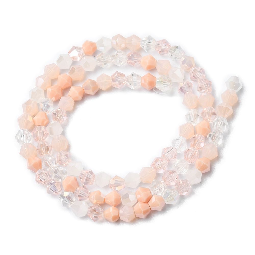 Electroplate Glass Beads Strands, Opaque & Transparent & AB Color Plated, Faceted, Bicone, Pink, 4x4.5mm, Hole: 0.9mm, about 94~95pcs/strand, 13.86''(35.2cm)