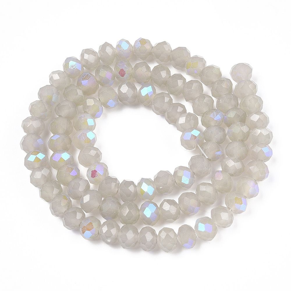 Electroplate Glass Beads Strands, Imitation Jade Beads, Half Plated, Rainbow Plated, Faceted, Rondelle, Gray, 6x5mm, Hole: 1mm, about 80~85pcs/strand, 38~40cm