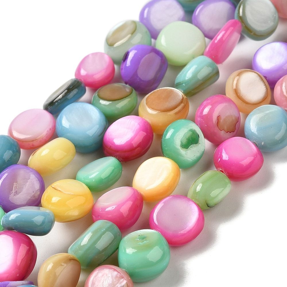 Natural Freshwater Shell Beads Strands, Dyed, Flat Round, Mixed Color, 7~8.5x7~7.5x3~5.5mm, Hole: 0.5mm, about 49~50pcs/strand, 14.96''~15.04''(38~38.2cm)