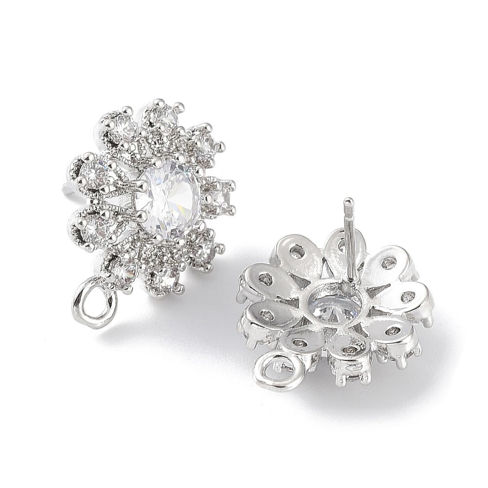 2pcs/Hollow Flower Brass Micro Pave Cubic Zirconia Stud Earrings Finding, with Horizontal Loops/18.5x15mm