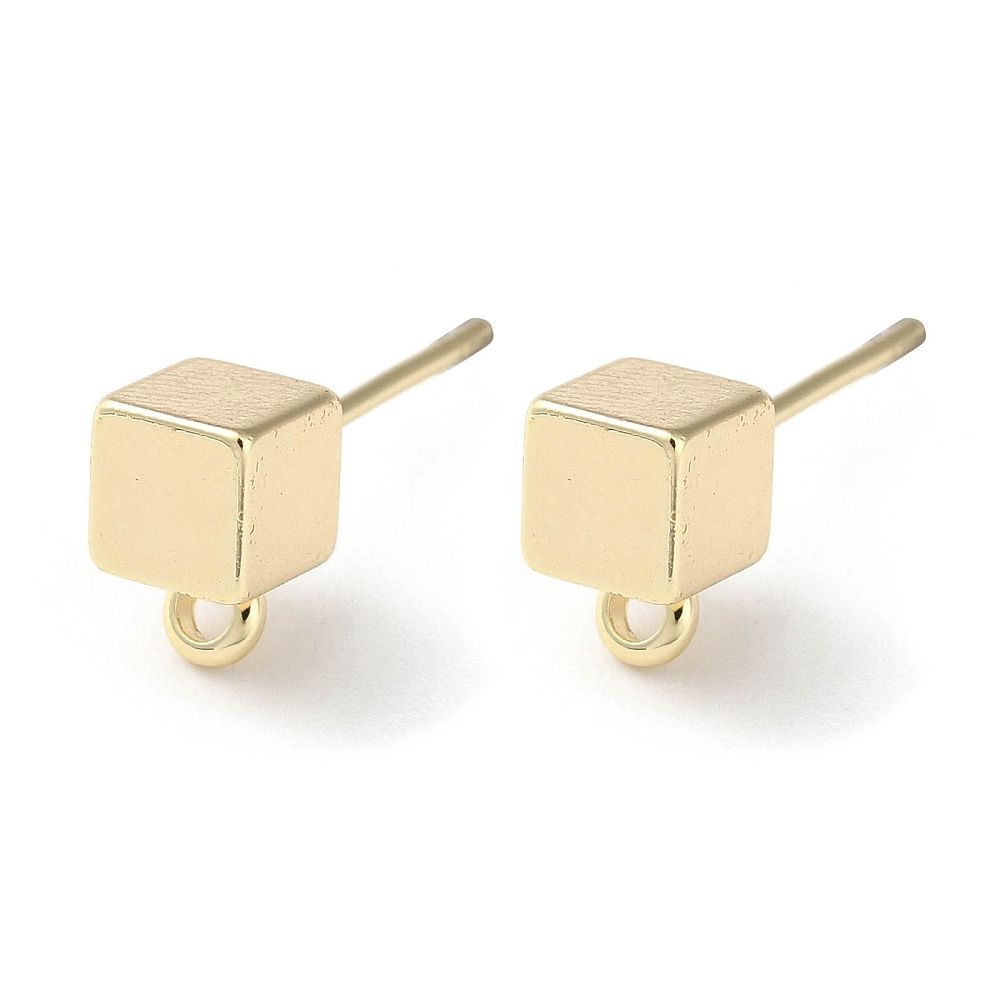 2pcs/Brass Stud Earring Findings, with Horizontal Loop, Cube, Real 18K Gold Plated/8x5mm