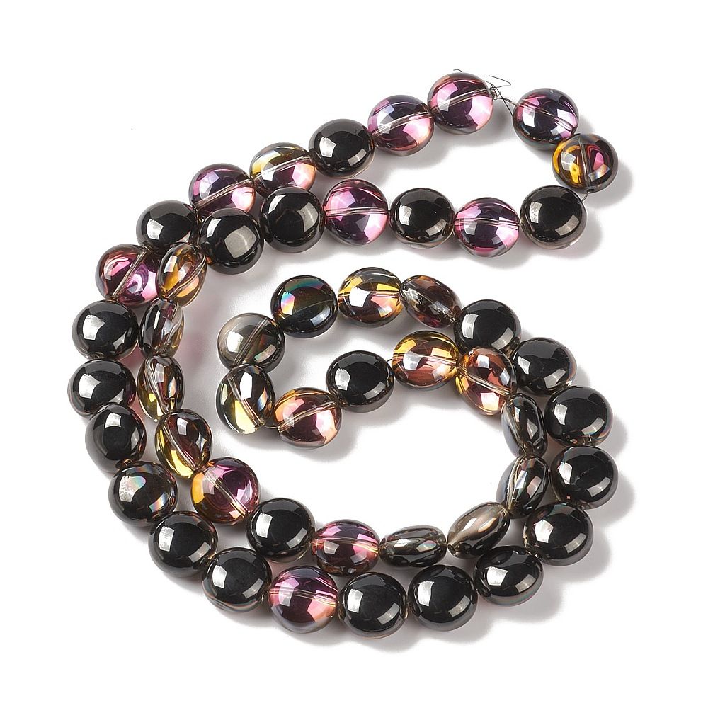 Transparent Electroplate Glass Bead Strands, Half Rainbow Plated, Flat Round, Colorful, 12x8mm, Hole: 1.2mm, about 50pcs/strand, 24.41''(62cm)