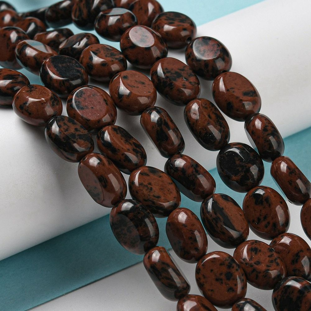 Natural Mahogany Obsidian Beads Strands, Flat Oval, 10x8x5.5mm, Hole: 0.8mm, about 39pcs/strand, 15.47''(39.3cm)