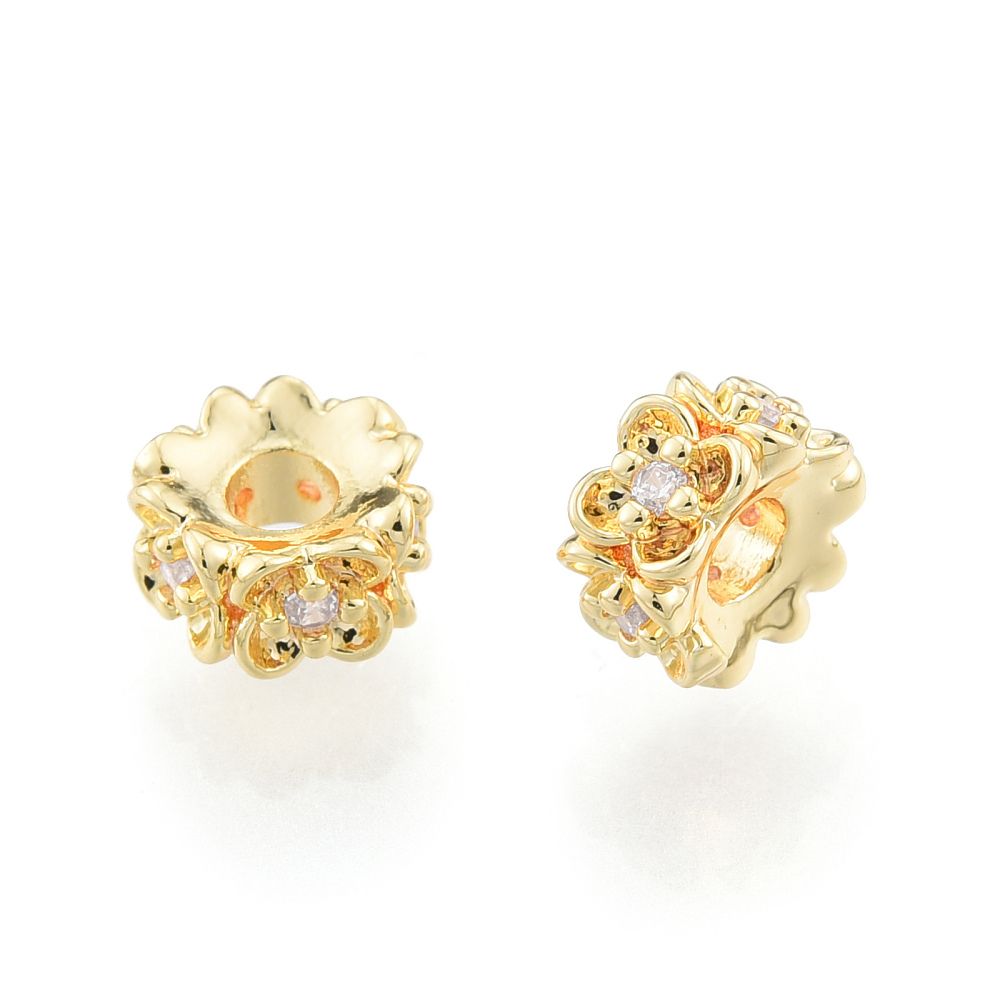 2pcs/Brass Spacer Beads, with Crystal Rhinestone, Nickel Free, Flower, Real 18K Gold Plated/5.5x3mm