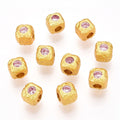 2pcs/Brass Spacer Beads, with Rhinestone, Square, Matte Gold Color, Light Rose/4mm