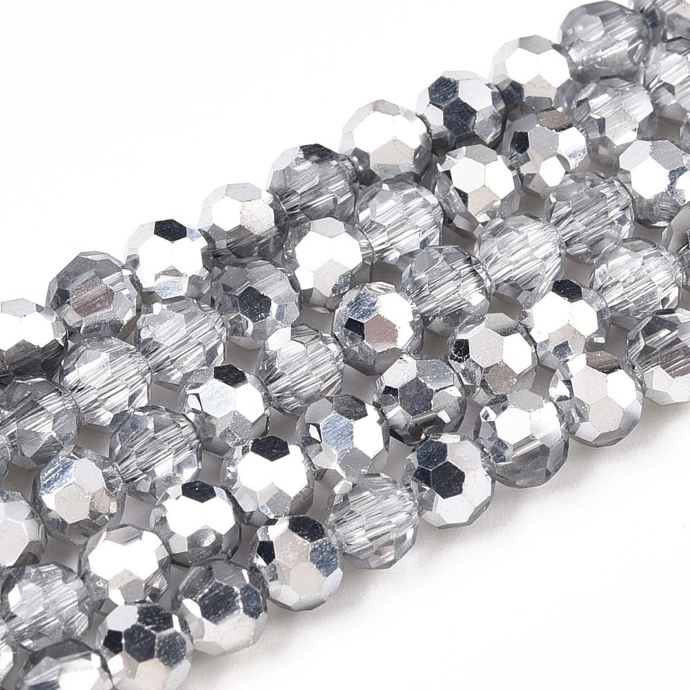 Transparent Electroplate Glass Beads Strands, Faceted(32 Facets), Half Silver Plated, Round, 4mm, Hole: 0.8mm, about 85~90pcs/strand, 12.40~12.80 inch(31.5~32.5cm)