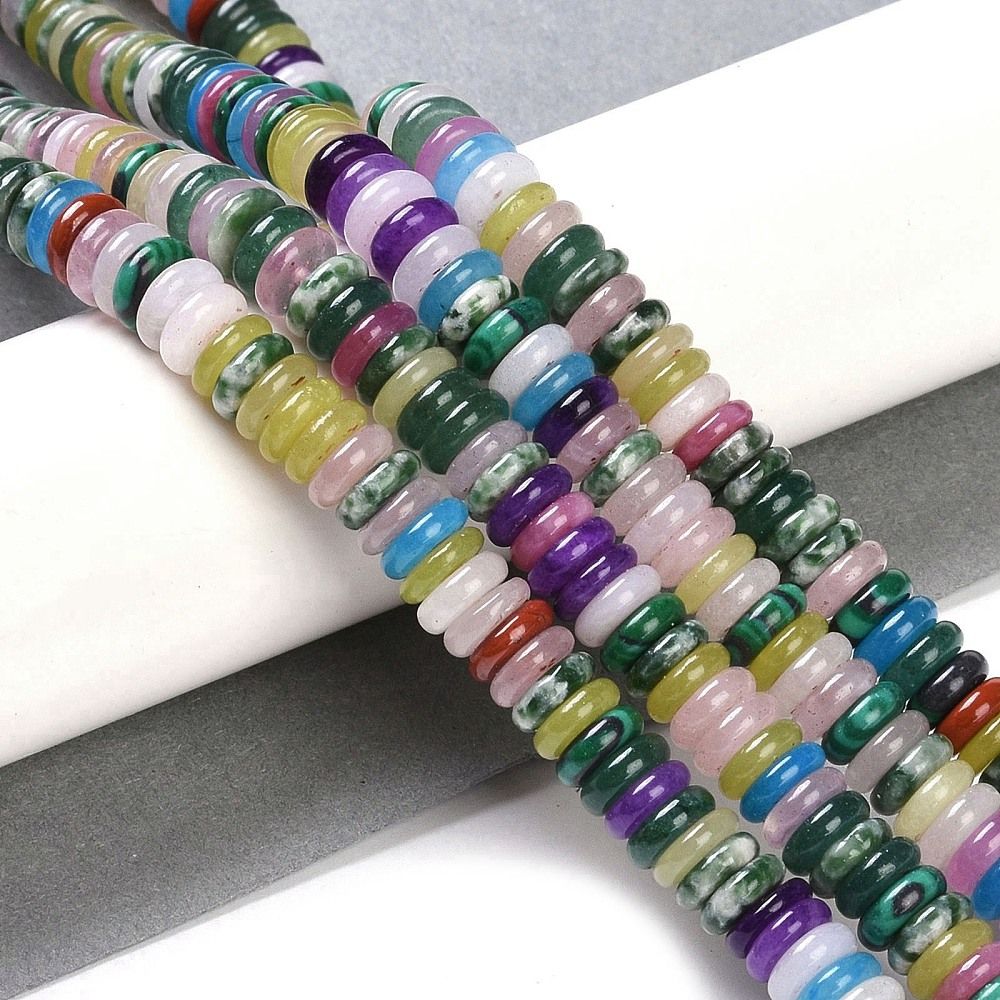 Natural & Synthetic Mixed Stone Beads Strands, Rondelle, Mixed Dyed and Undyed, 6~6.5x2~2.5mm, Hole: 1mm, about 181~191pcs/strand, 15.16~15.35''(38.5~39.1cm)