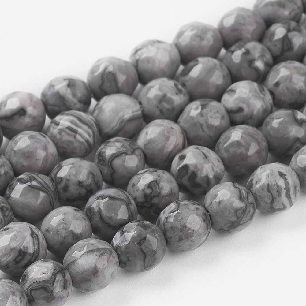 Natural Map Stone/Picasso Stone/Picasso Jasper Strands, Faceted Round, Gray, 8mm, Hole: 1mm, about 44pcs/strand, 14.5 inch
