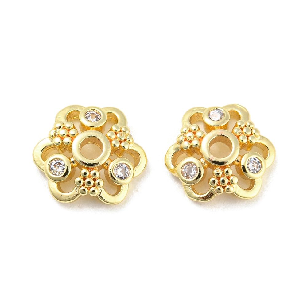 2pcs/Brass Micro Pave Cubic Zirconia Bead Cap, 6-Petal, Long-Lasting Plated/ 8mm