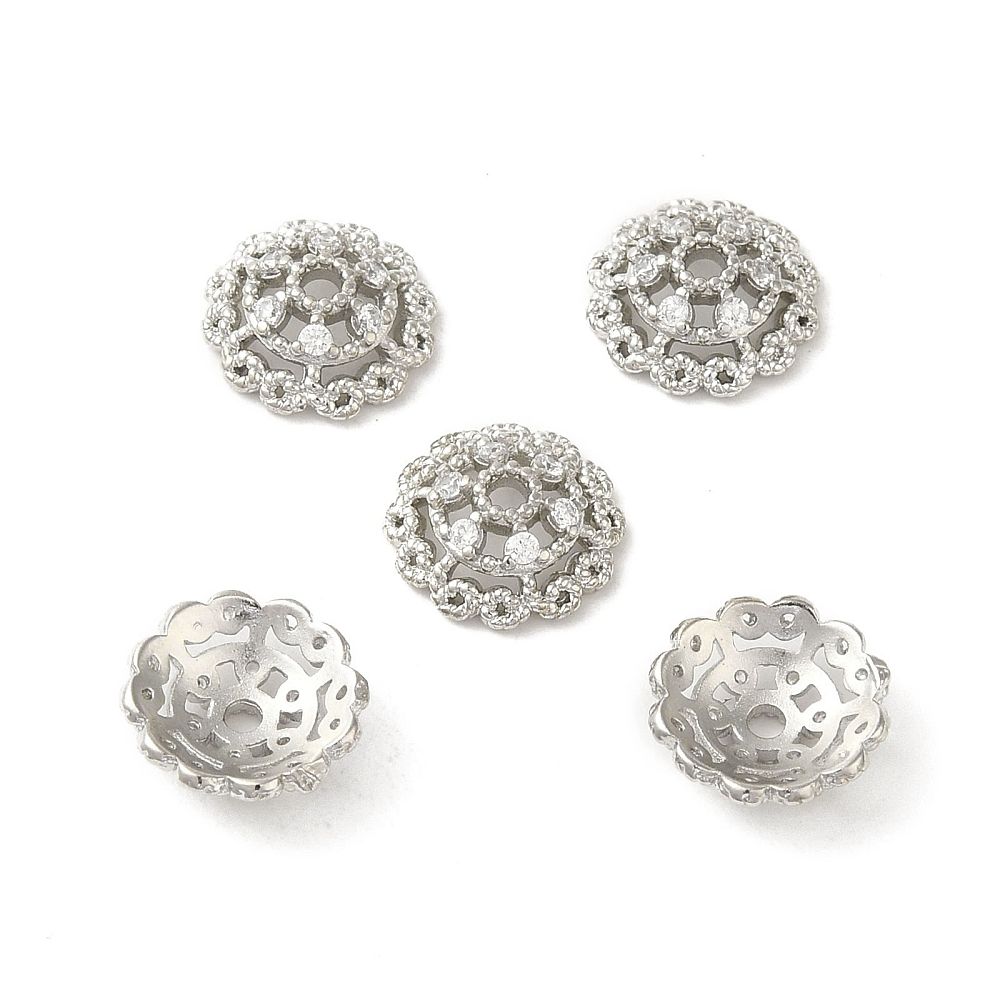 2pcs/Rack Plating Brass Beads Caps, with Clear Cubic Zirconia/10x10x3.5mm