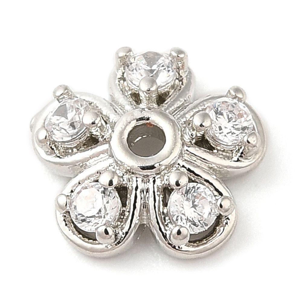 2pcs/Flower Brass Clear Cubic Zirconia Bead Caps, Long-Lasting Plated/ 8mm